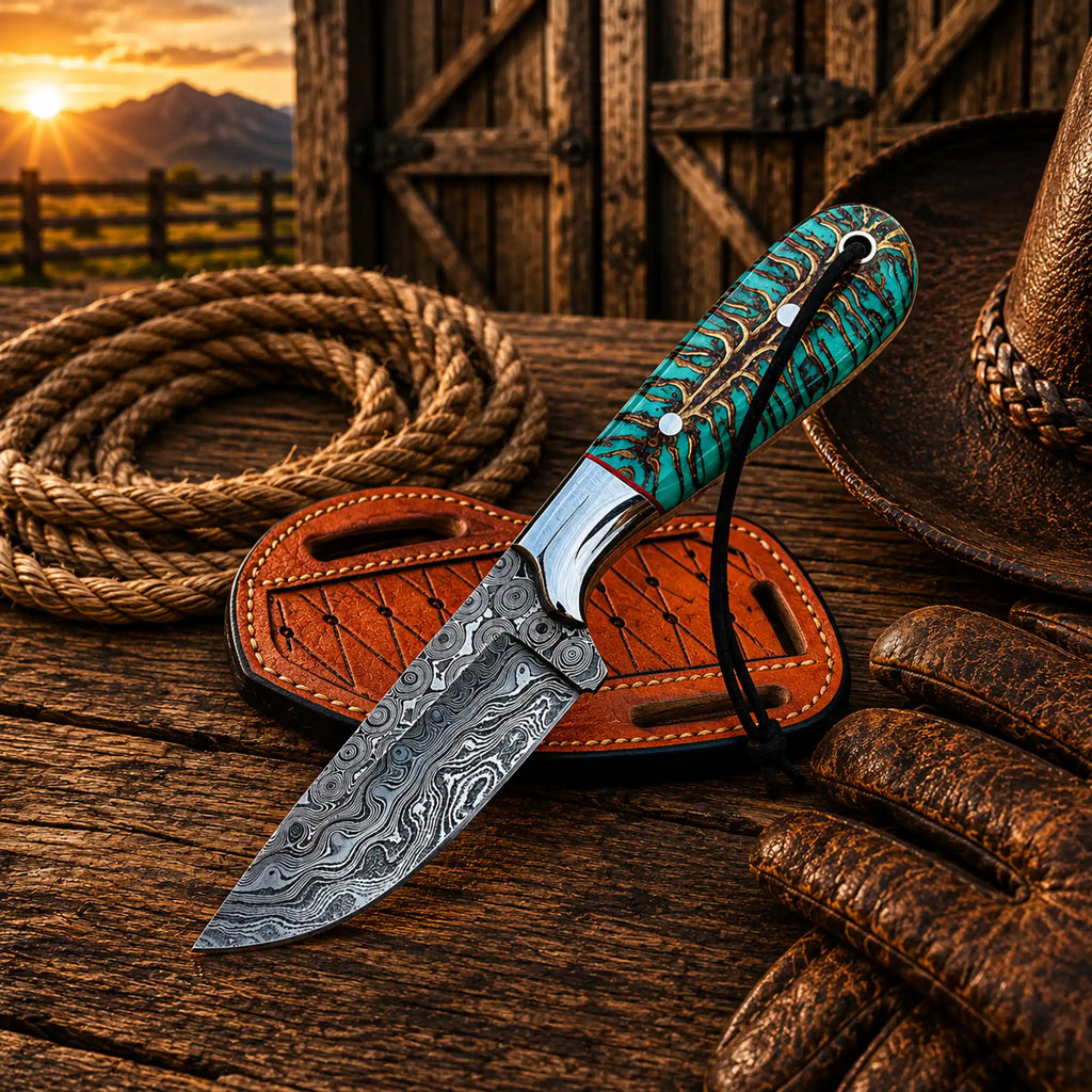 Western cowboy working knife featuring a 3.5 inch Damascus steel blade
