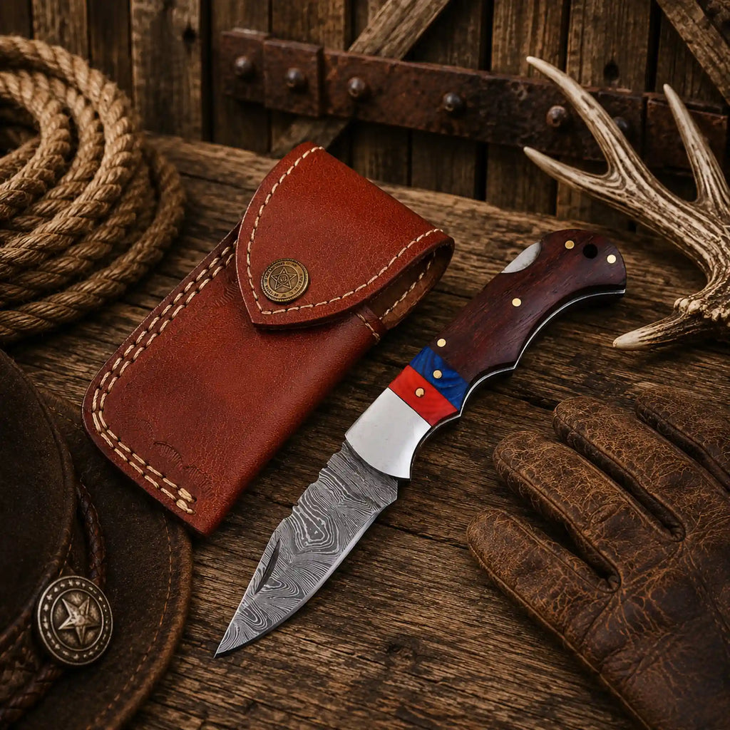 Handmade EDC folding knife with Damascus steel blade, polished steel bolster, wooden handle, and genuine leather carrying sheath.