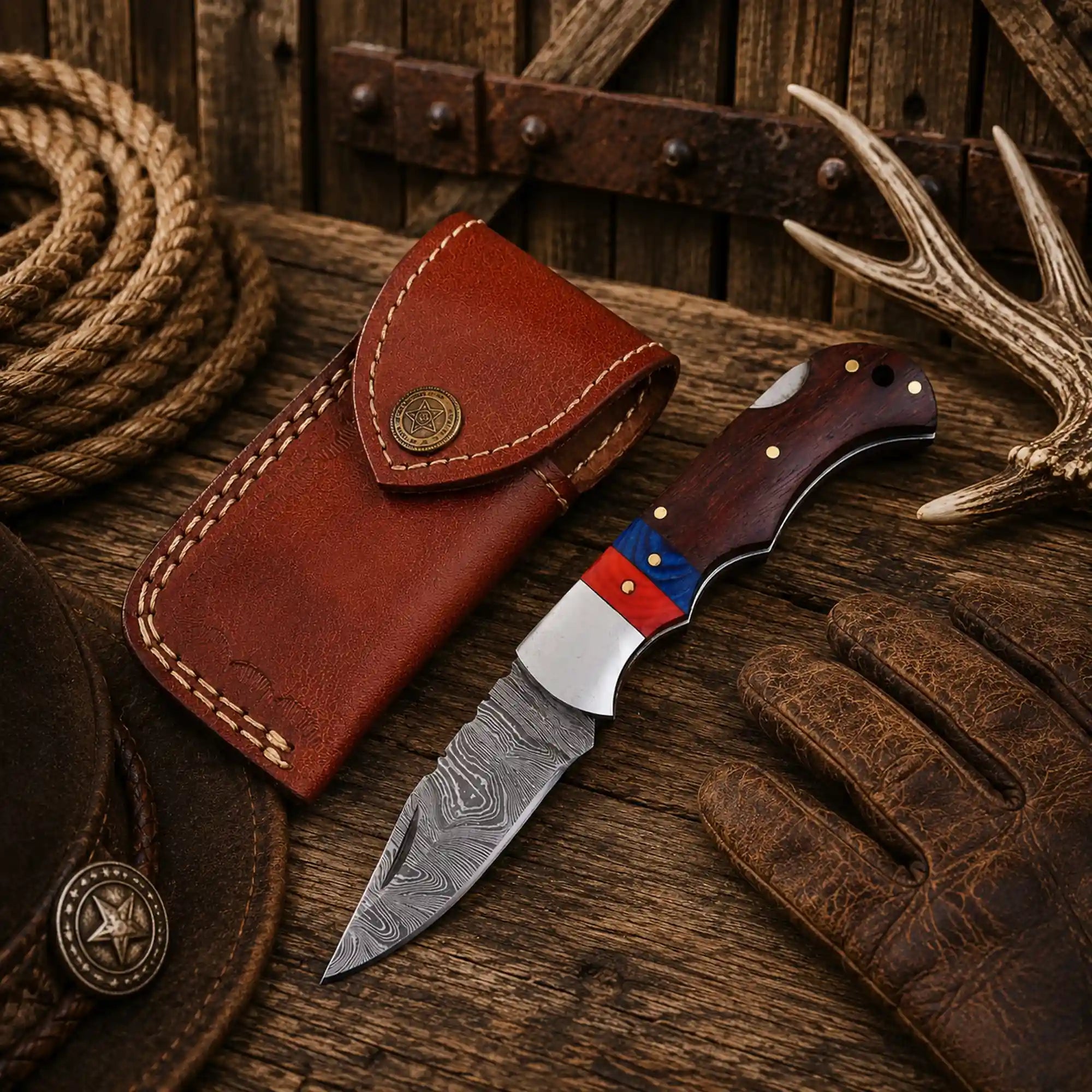 Handmade EDC folding knife with Damascus steel blade, polished steel bolster, wooden handle, and genuine leather carrying sheath.