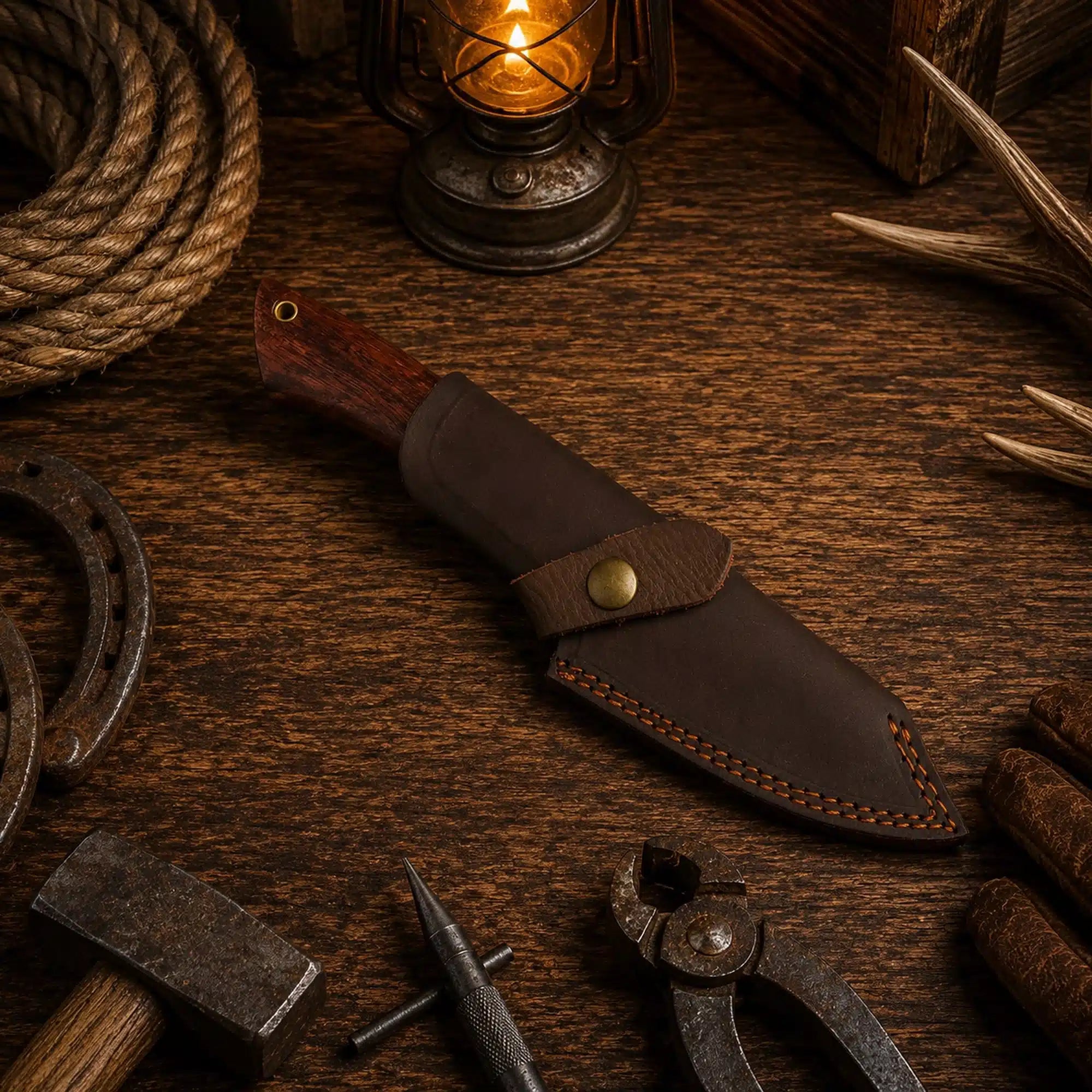 Western Damascus hunting knife with brown leather belt sheath