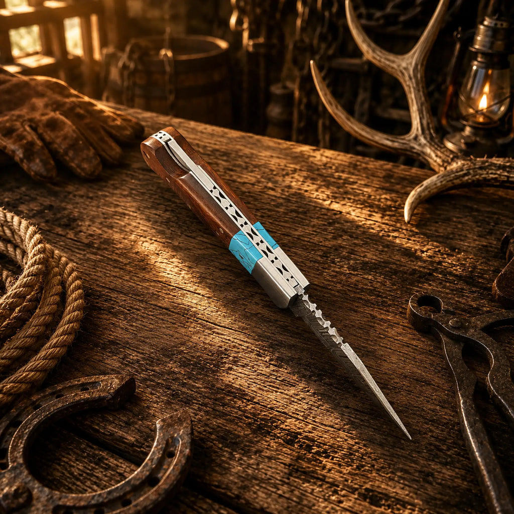 Turquoise and hardwood handle Damascus EDC folding knife with beautiful file work.