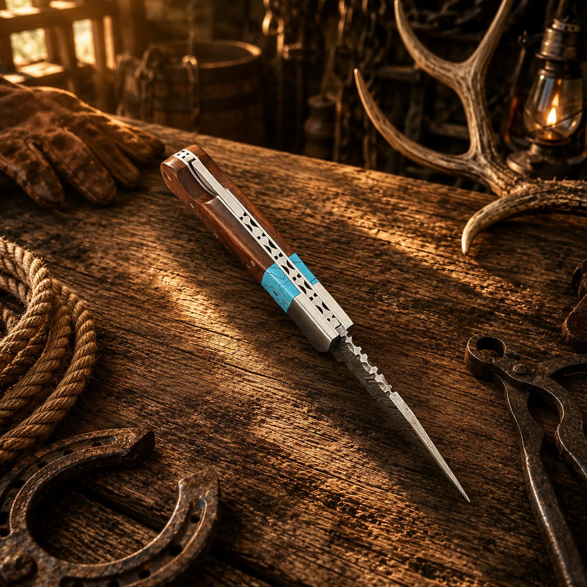 Turquoise and hardwood handle Damascus EDC folding knife with beautiful file work.