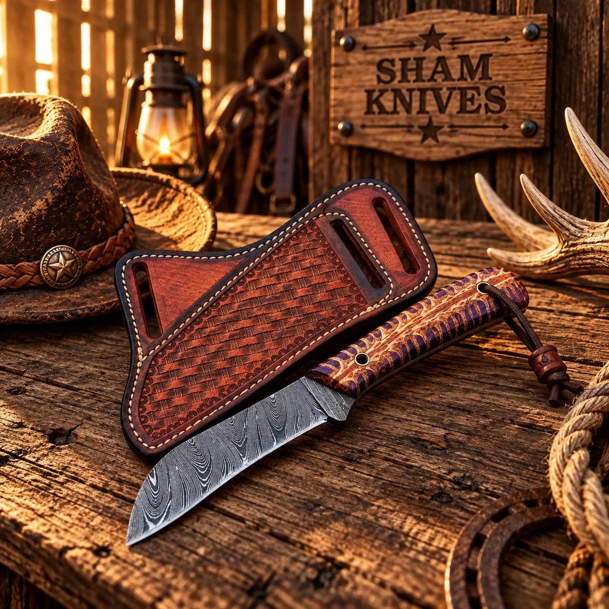 Western Drifter Damascus steel skinning knife with pine cone handle
