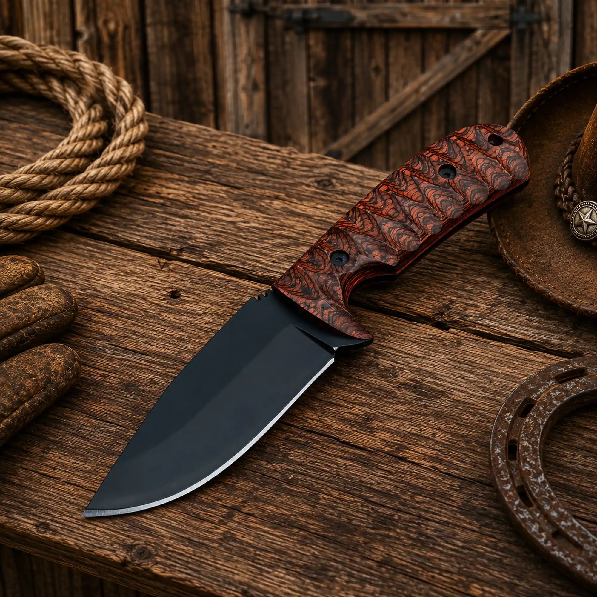 Cross draw cowboy knife designed for ranch work and outdoor adventures.
