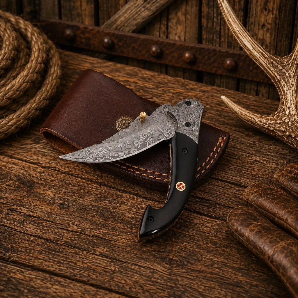 Handmade 7.25-inch Western folding pocket knife with a 3.10-inch Raindrop Damascus blade, buffalo horn handle, Damascus steel bolsters, and premium leather sheath.