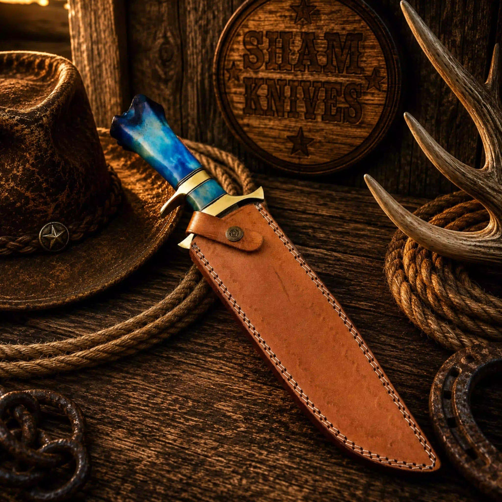 Western Frontier Bowie knife with blue dyed camel bone grip