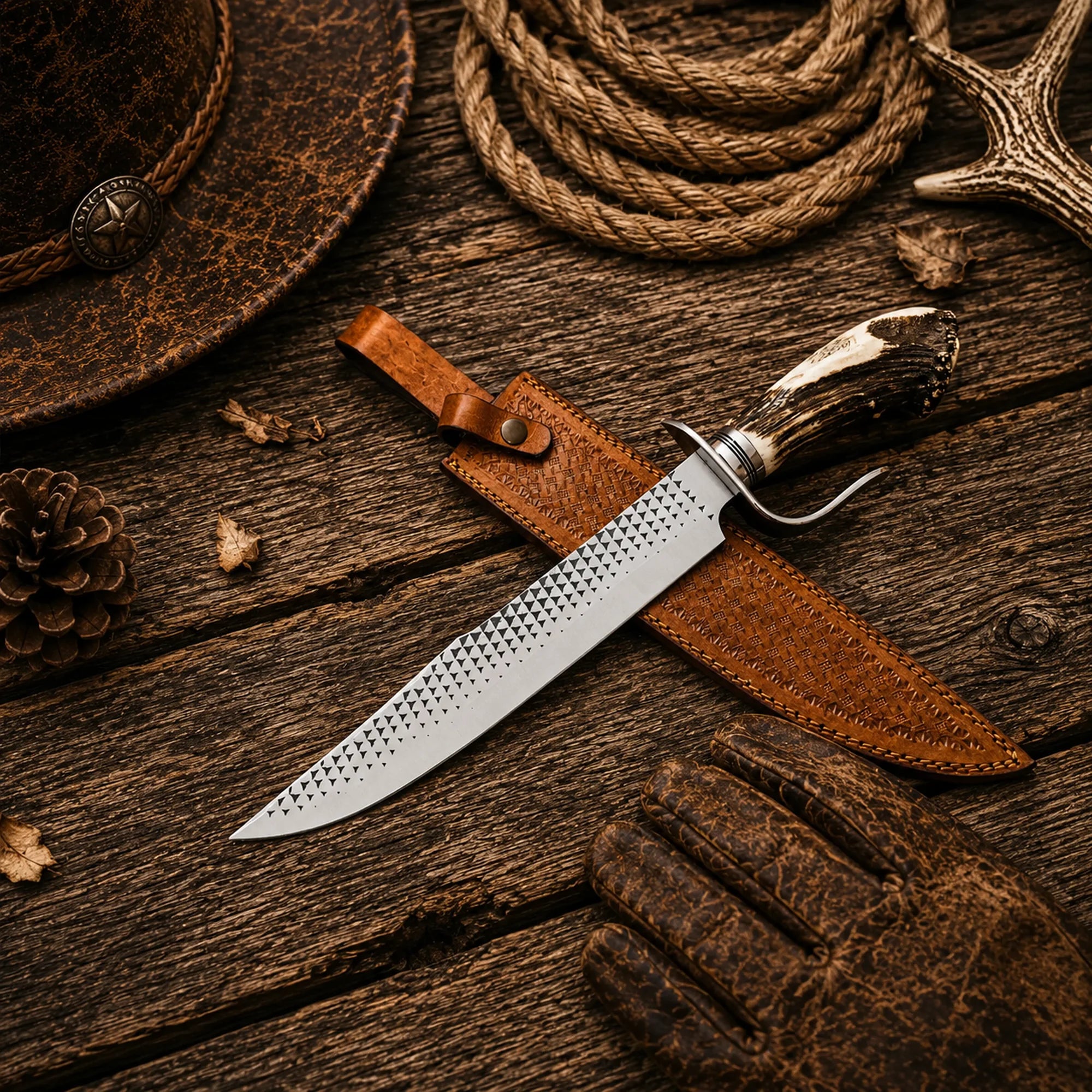 Western Bowie Knife with Natural Stag Antler Handle with leather sheath