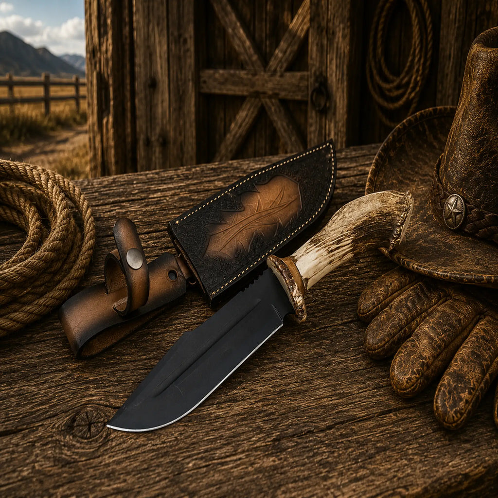 Western style hunting knife with antler horn handle and leather sheath