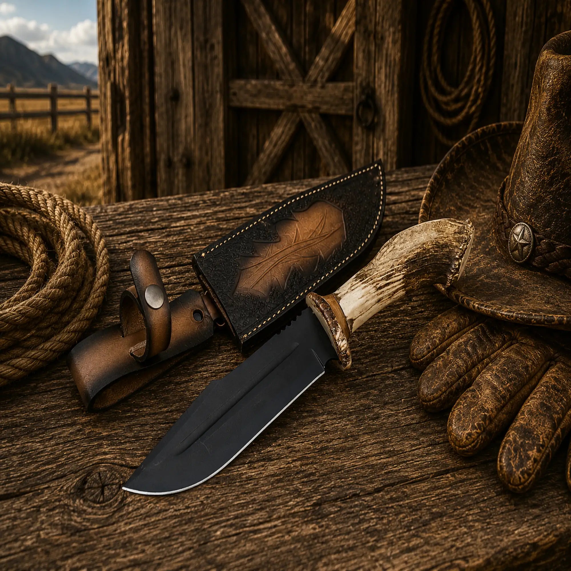 Western style hunting knife with antler horn handle and leather sheath