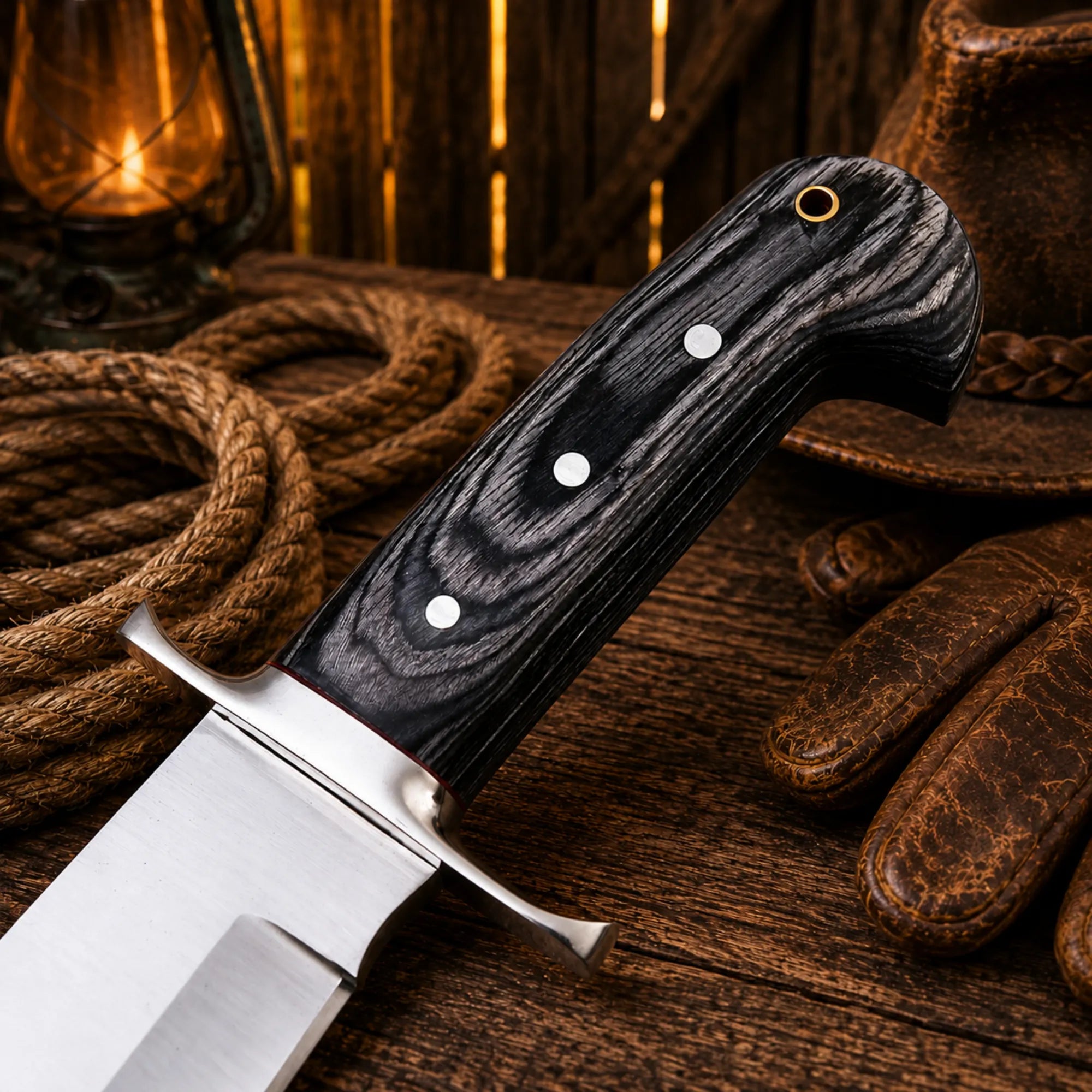 Handmade western hunting knife featuring Pakka wood handle and fixed blade design