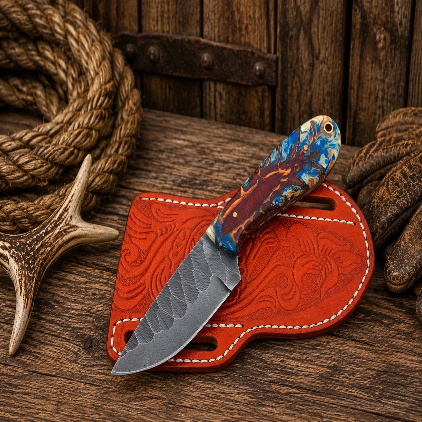 Western Ranch Companion Knife – D2 Acid Wash Blade & Pinecone Resin Handle - SHAM KNIVESCowboy KnifeSHAM KNIVESCowboy fixed blade knife featuring a premium pinecone resin handle and leather side carry sheath.