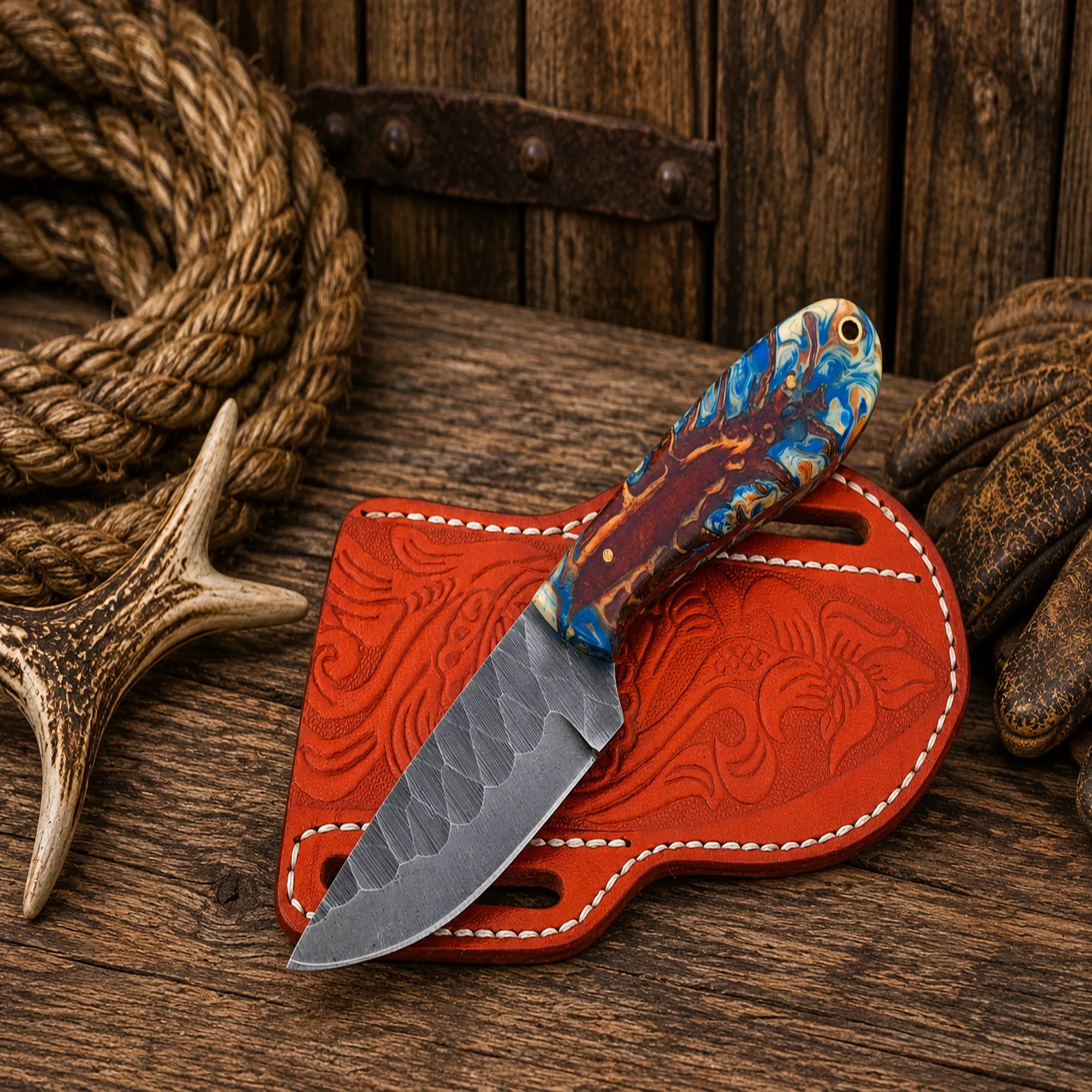 Cowboy fixed blade knife featuring a premium pinecone resin handle and leather side carry sheath.