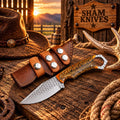 Western ranch cowboy knife with amber pinecone handle and rear finger ring
