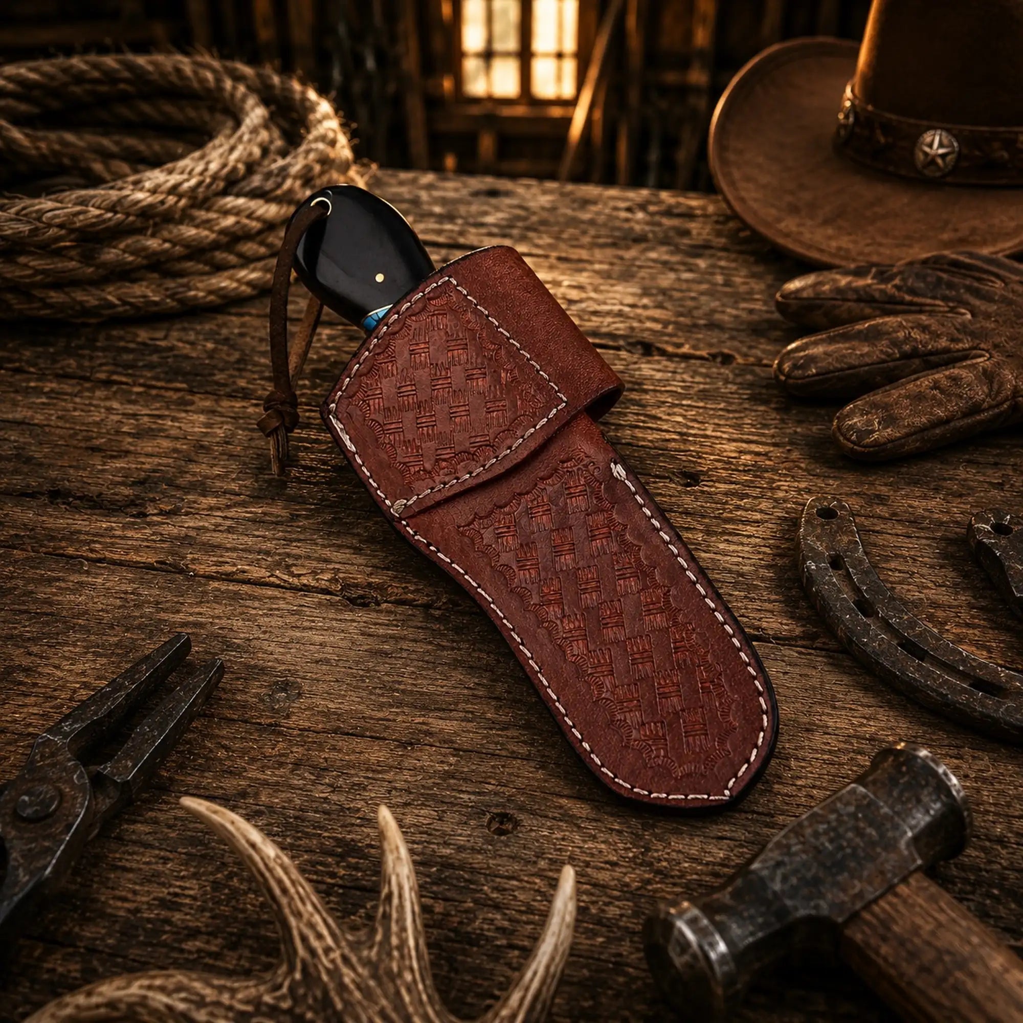 Custom handcrafted fixed blade Damascus knife with premium leather pancake belt sheath.
