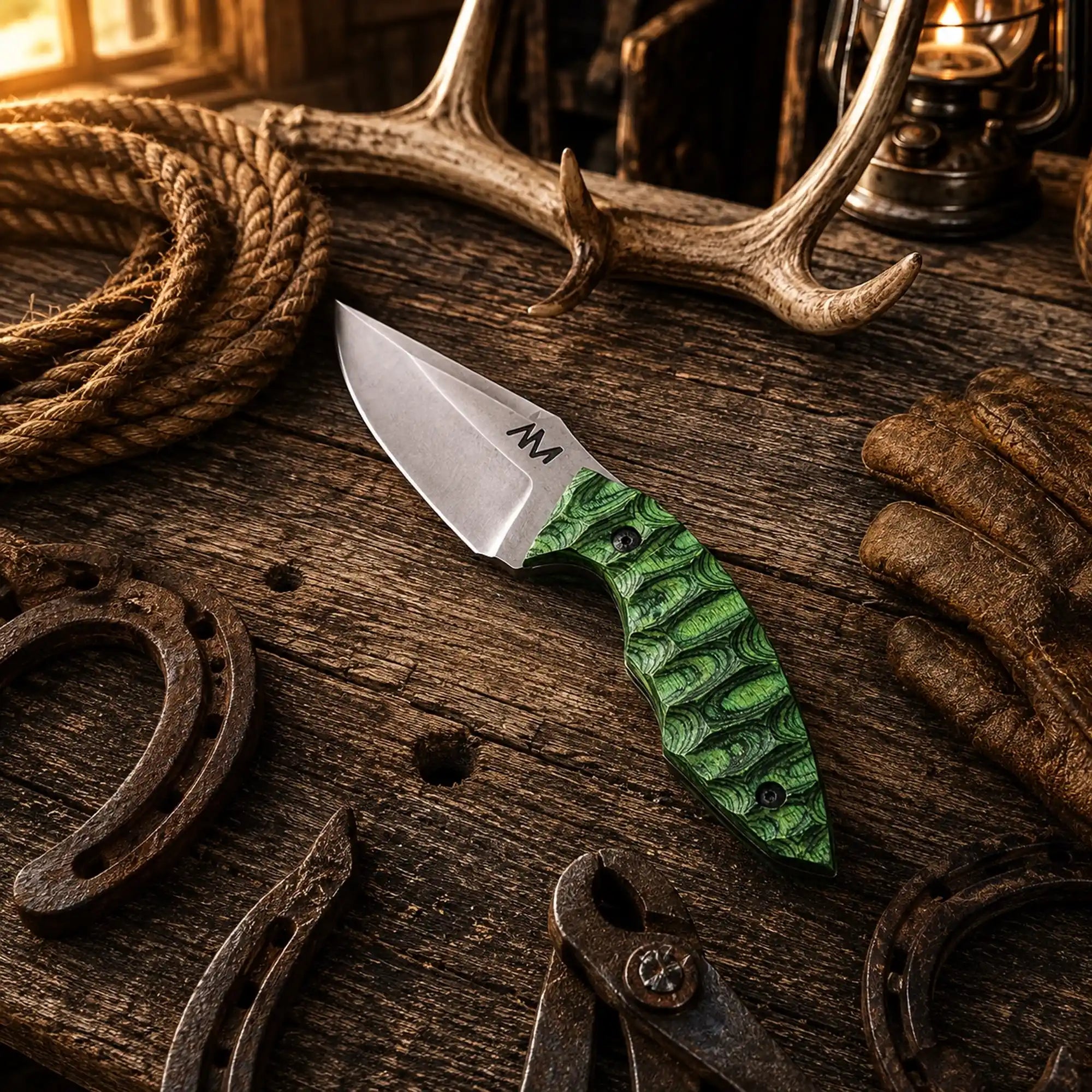 Handmade Western Ranch EDC knife with 3.5 inch D2 steel blade and Green Pakka Wood handle.