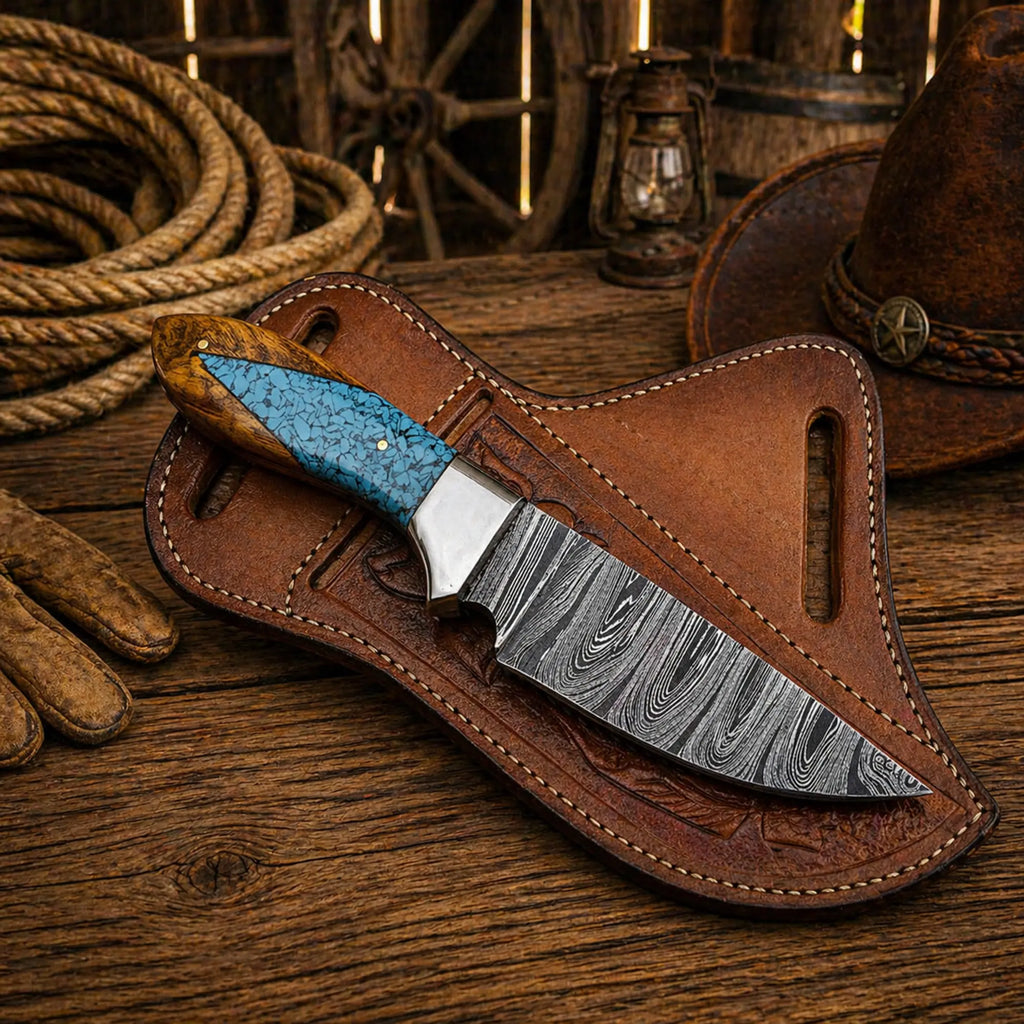 Western cowboy knife with leather sheath on rustic wooden background