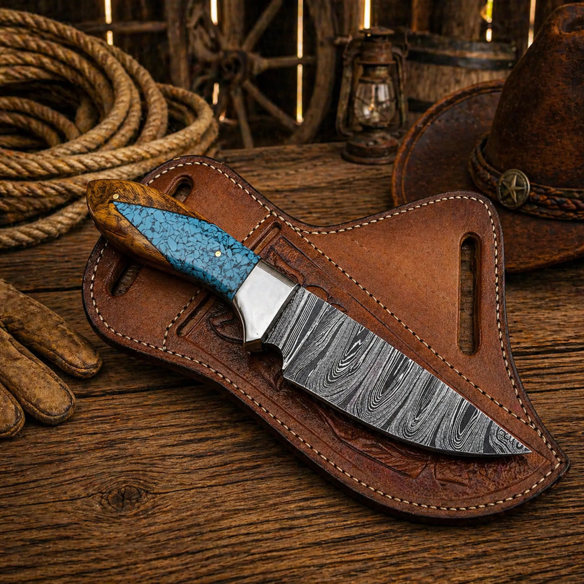 Western cowboy knife with leather sheath on rustic wooden background