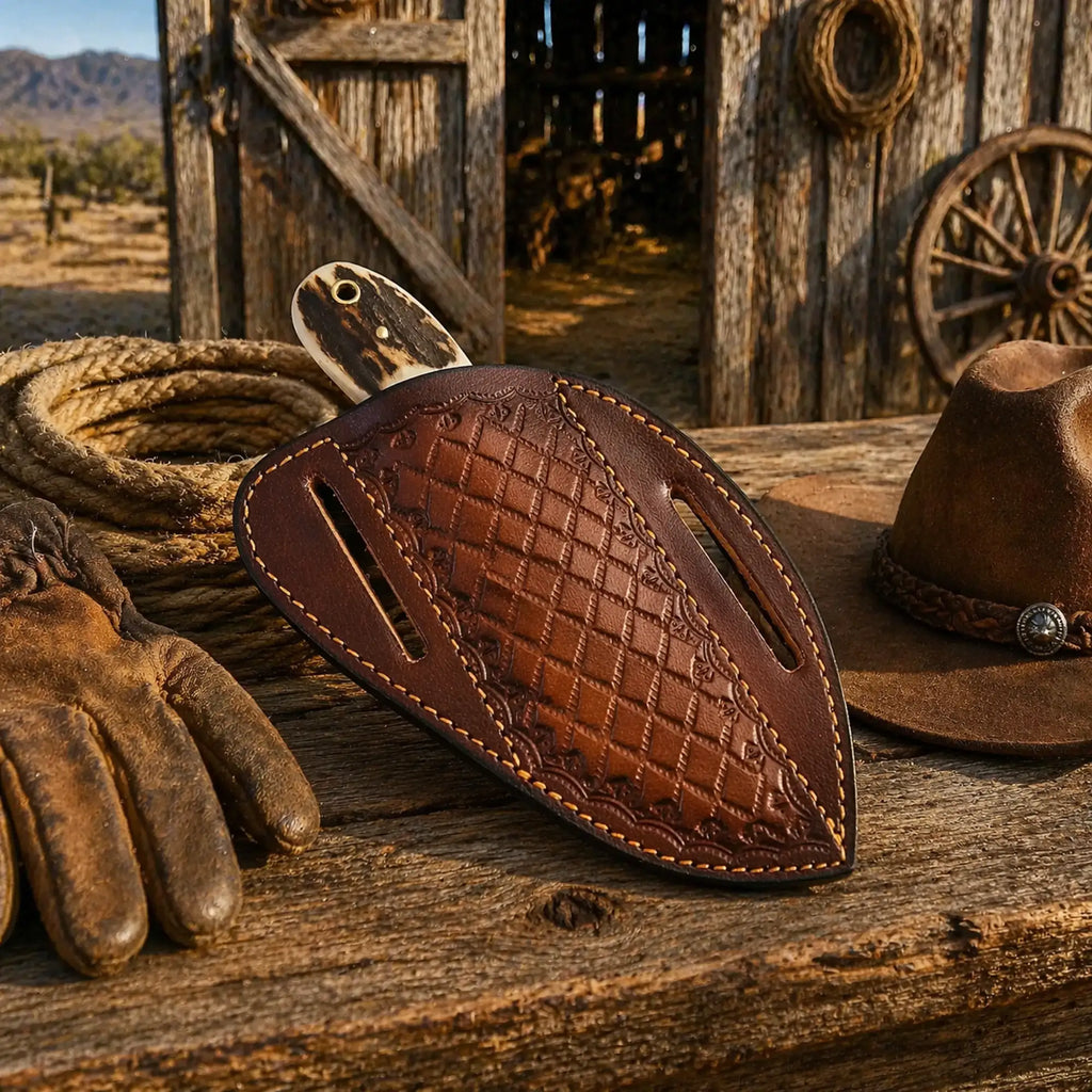 Western ranch knife with 3.5 inch rasp steel blade antler handle and pancake leather sheath rustic cowboy style