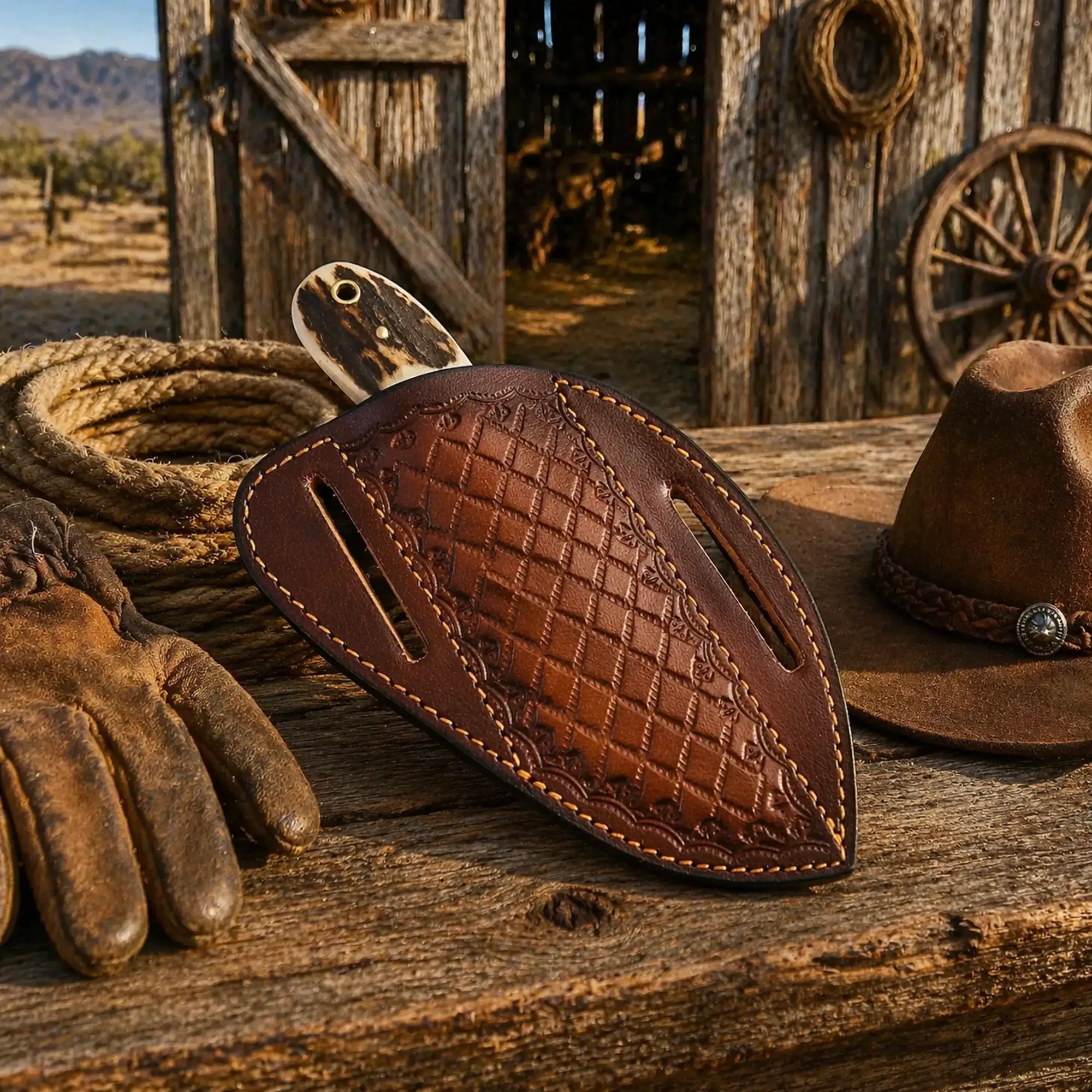 Western ranch knife with 3.5 inch rasp steel blade antler handle and pancake leather sheath rustic cowboy style