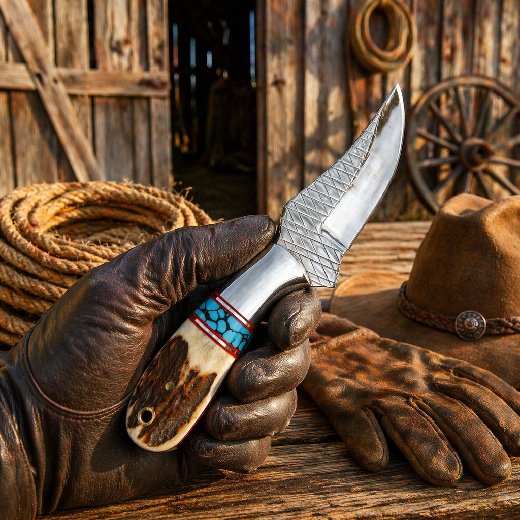 Western ranch knife with 3.5 inch rasp steel blade antler handle and pancake leather sheath rustic cowboy style