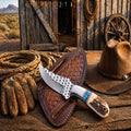 Western ranch knife with 3.5 inch rasp steel blade antler handle and pancake leather sheath rustic cowboy style