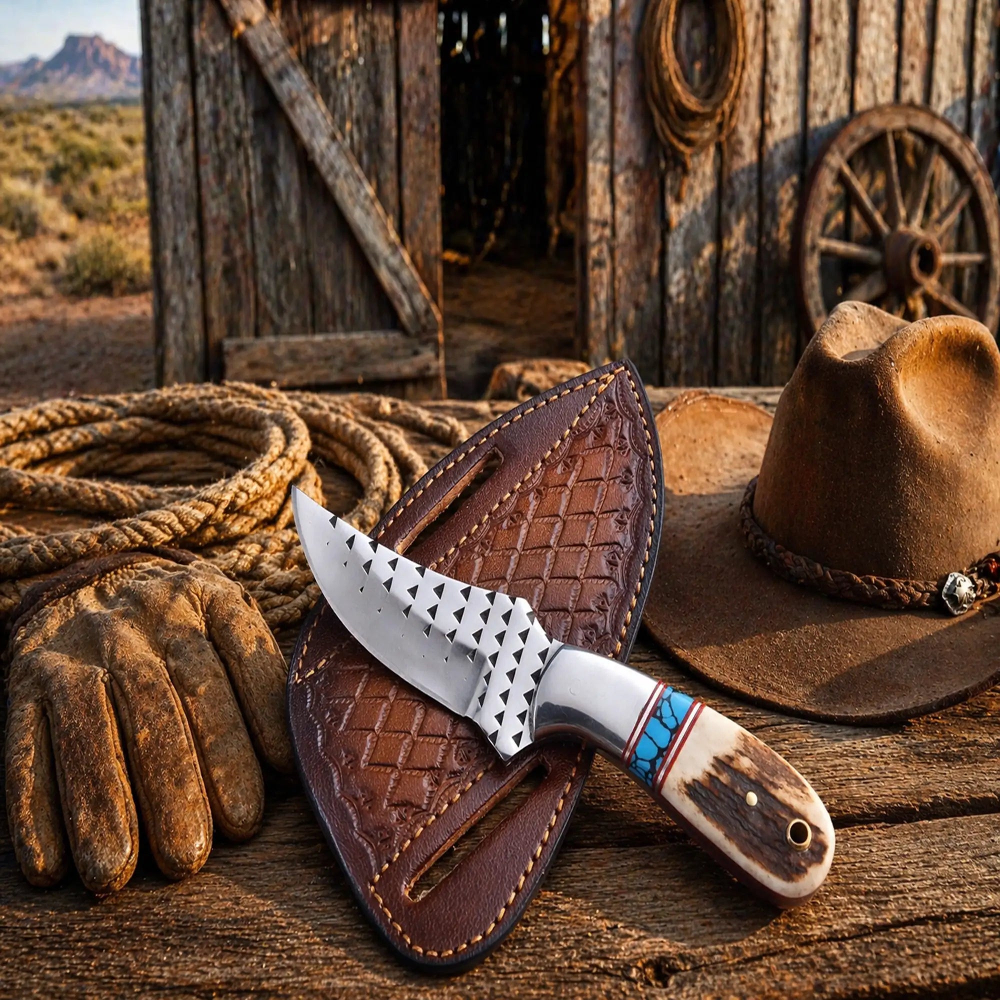 Western ranch knife with 3.5 inch rasp steel blade antler handle and pancake leather sheath rustic cowboy style