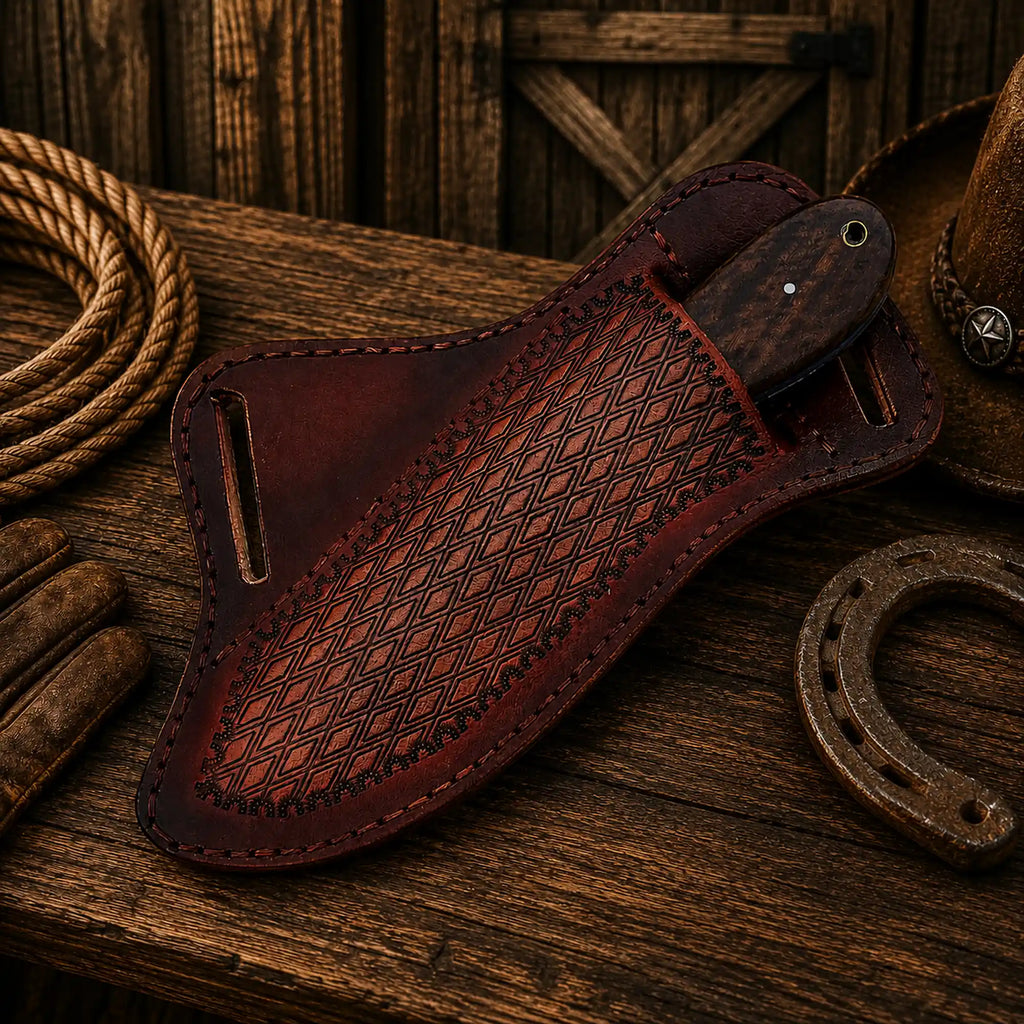 Western-style fixed blade knife with premium leather sheath.