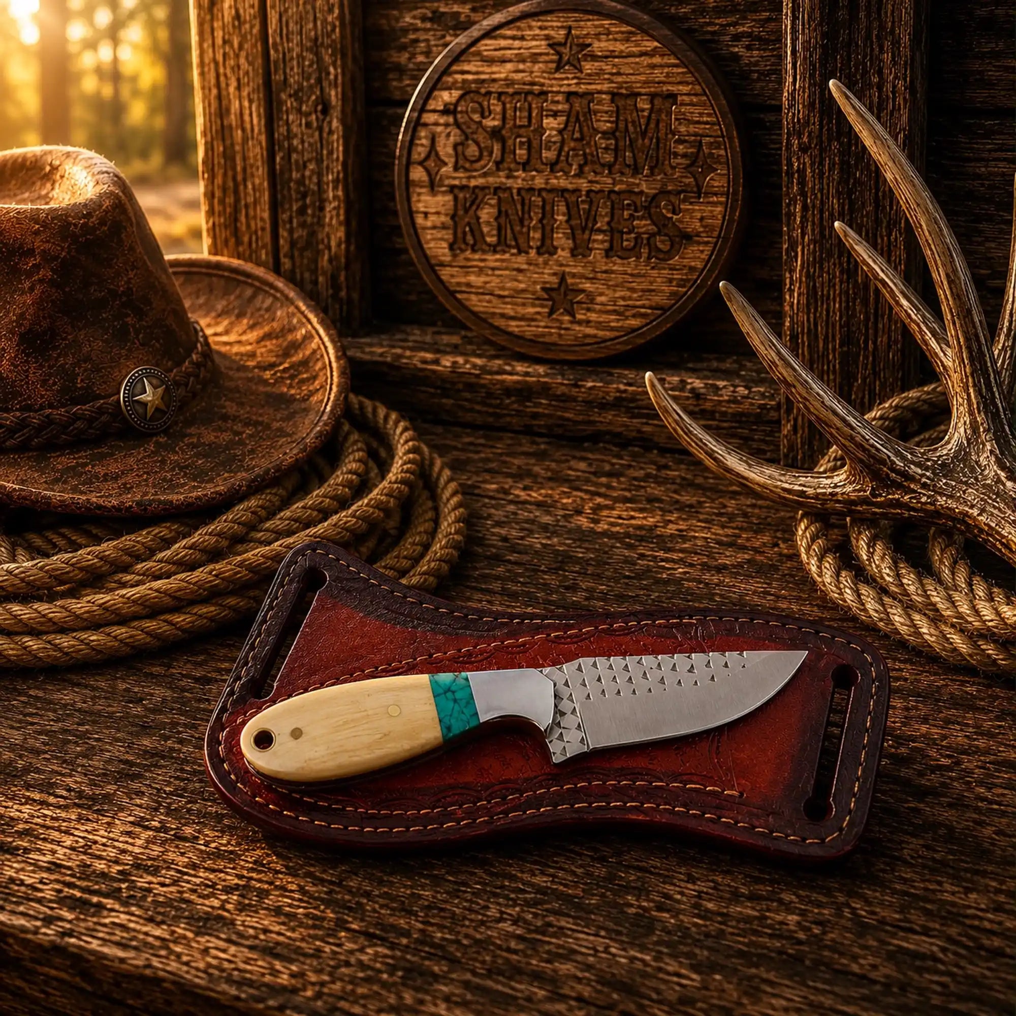 Handmade Western rasp-file knife with a leather cross-draw sheath