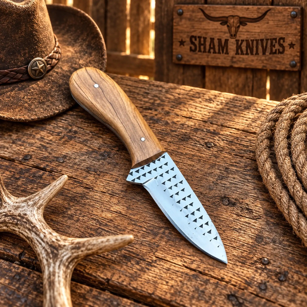 Western cowboy skinning knife with 3.75-inch rasp steel blade