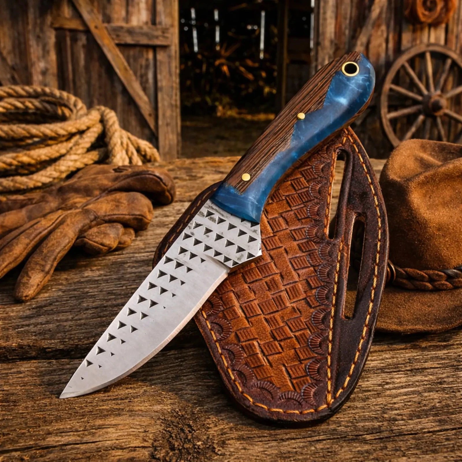 Western Rasp Steel Knife & Belt Sheath – 3.75” Blade, Epoxy Resin & Wenge Wood Handle - SHAM KNIVESCowboy KnifeSHAM KNIVESWestern rasp steel knife with 3.75 inch blade epoxy resin and wenge wood handle with leather belt sheath