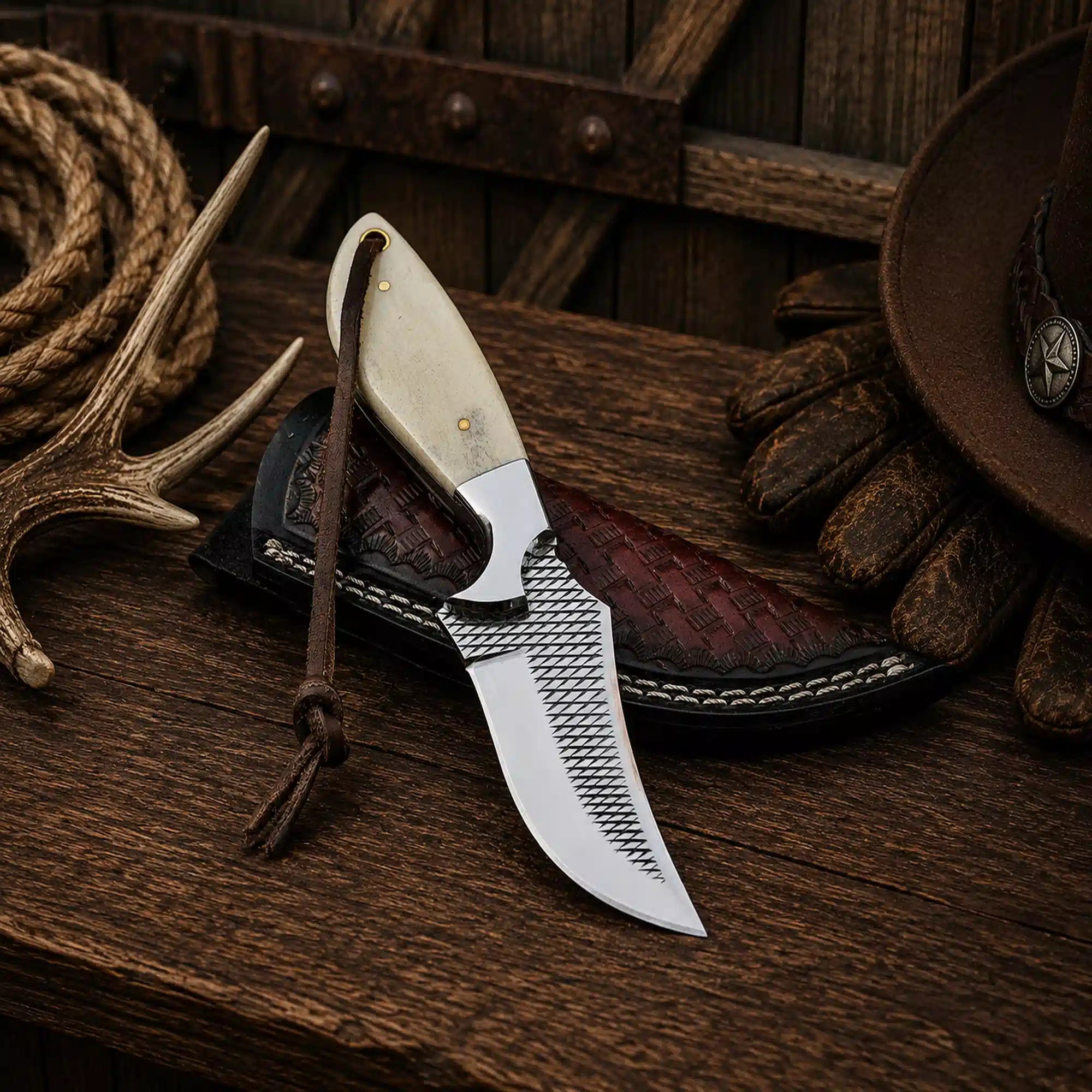 Handmade Western Rasp Steel knife with natural camel bone handle and genuine leather belt sheath.