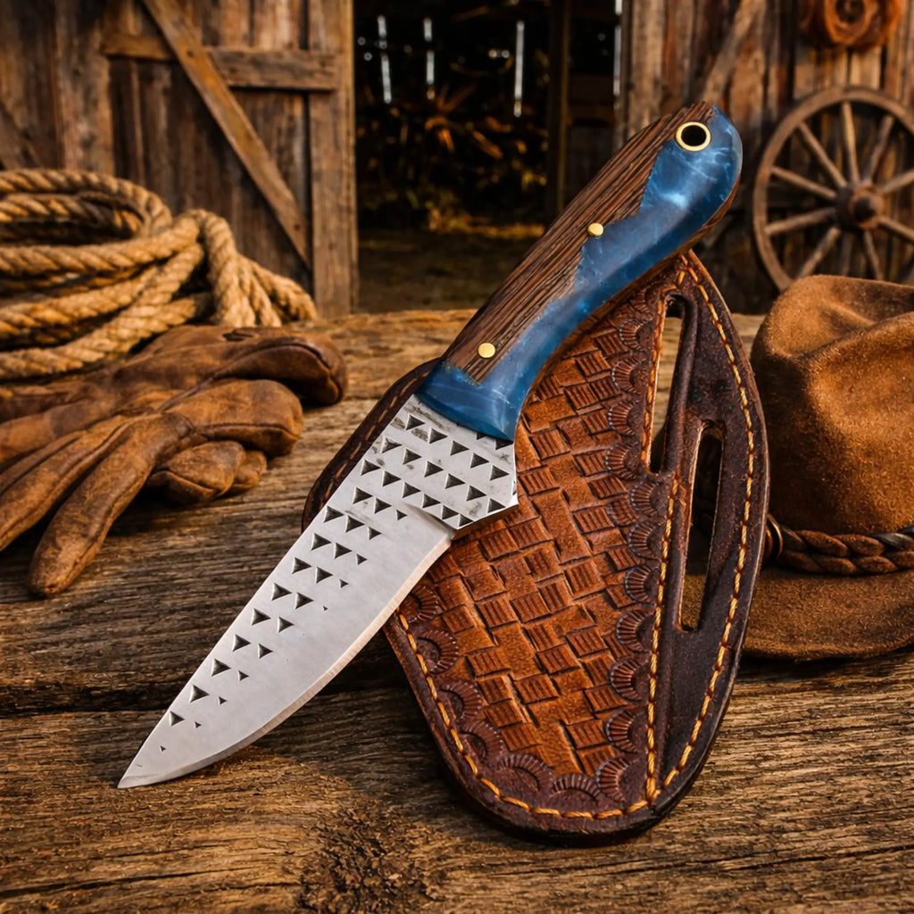 Western rasp steel knife with 3.75 inch blade epoxy resin and wenge wood handle with leather belt sheath