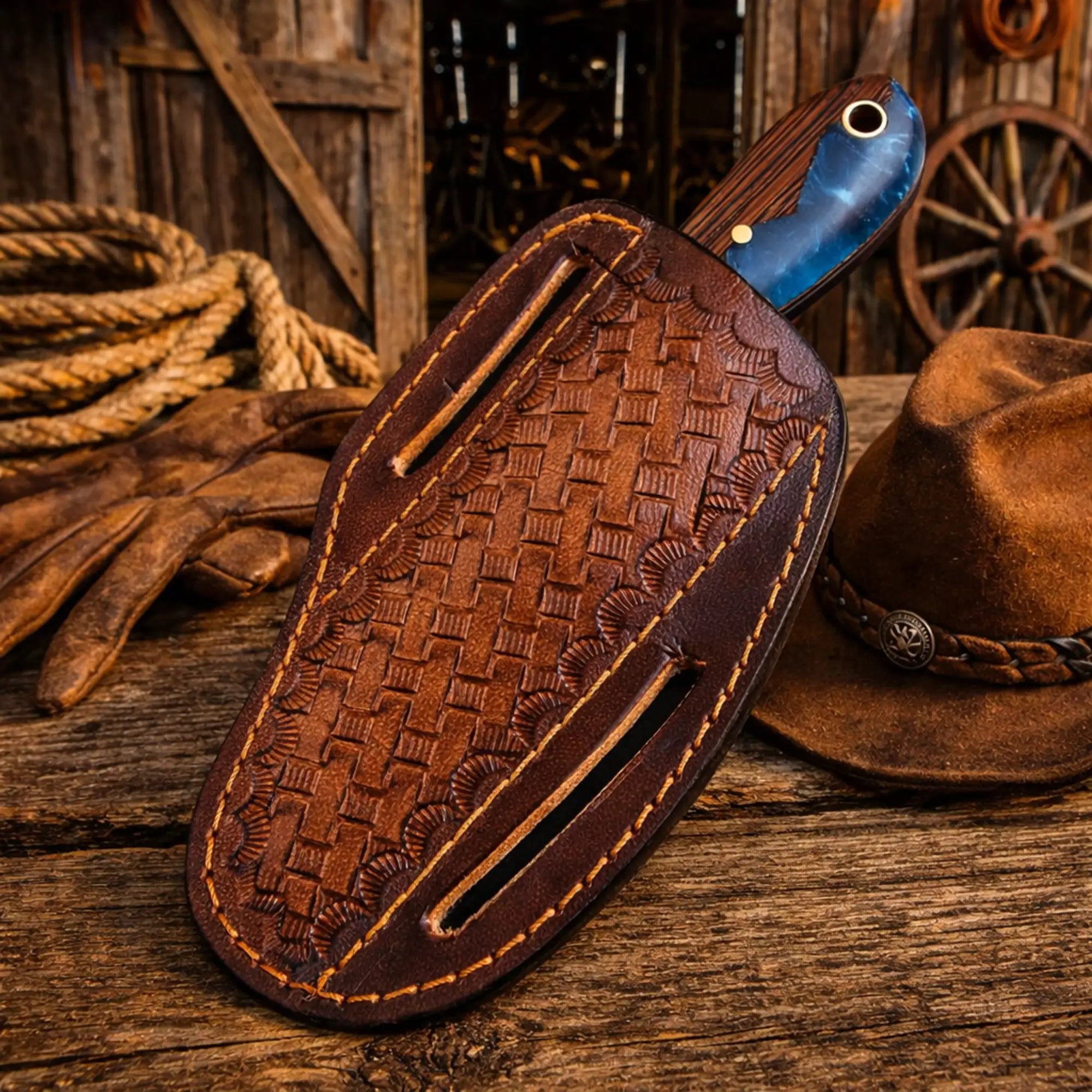 Western rasp steel knife with 3.75 inch blade epoxy resin and wenge wood handle with leather belt sheath