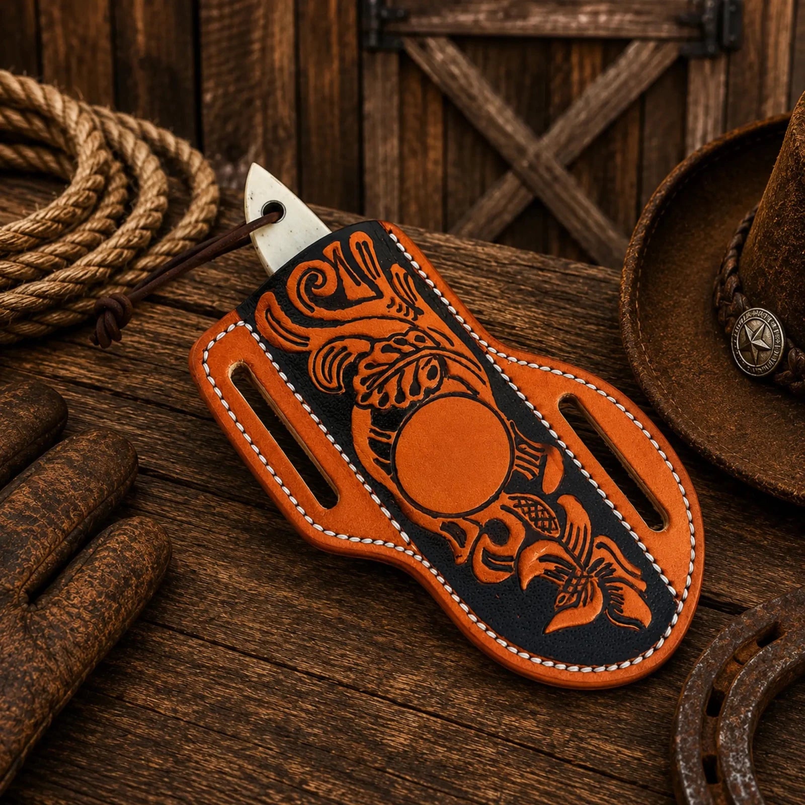 Western Sheath Knife – Black Powder Coated D2 Steel Blade & Bone Handle - SHAM KNIVESCowboy KnifeSHAM KNIVESHandmade ranch knife featuring a full tang construction and leather sheath.