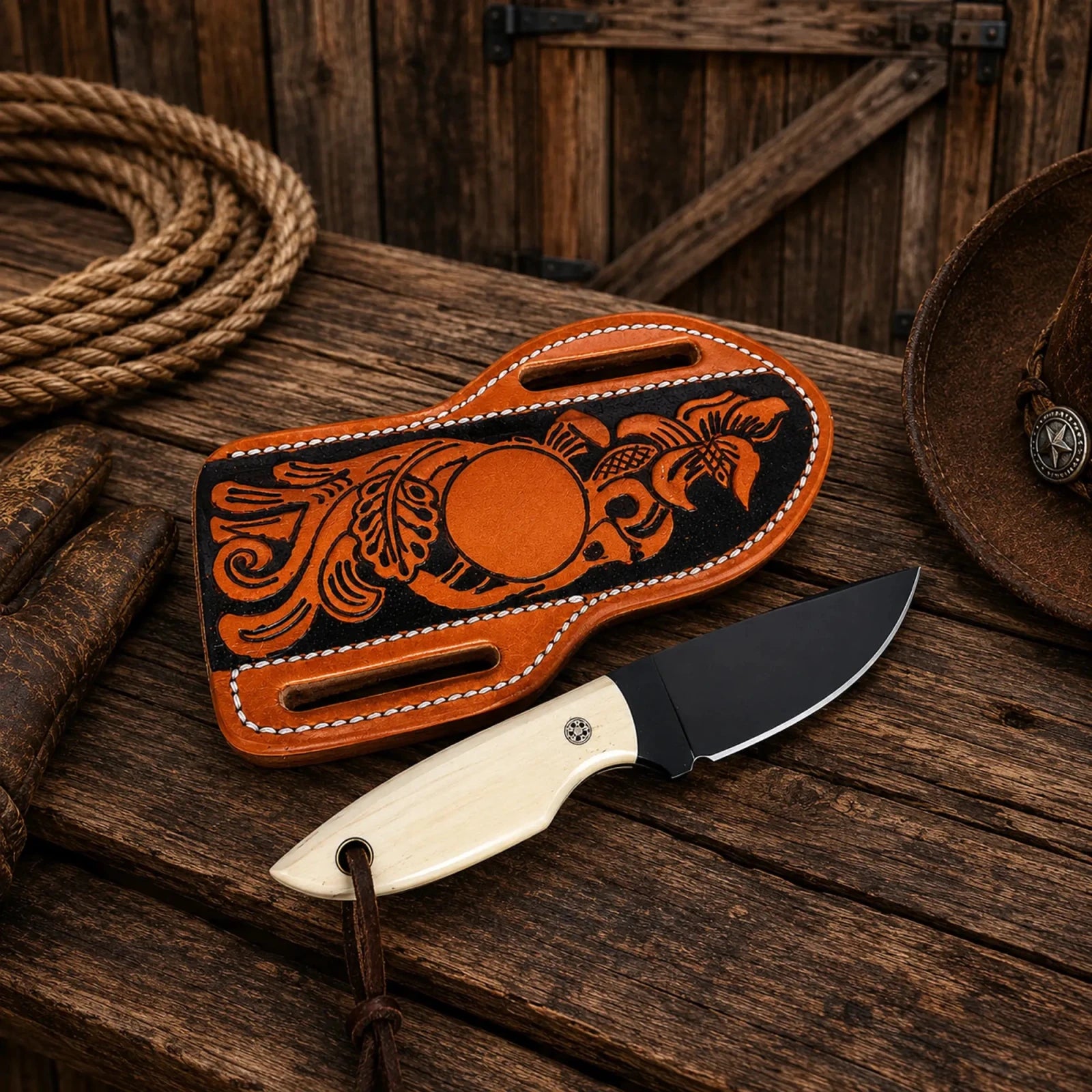 Western Sheath Knife – Black Powder Coated D2 Steel Blade & Bone Handle - SHAM KNIVESCowboy KnifeSHAM KNIVESHandmade Western sheath knife with black powder-coated D2 steel blade and natural bone handle.
