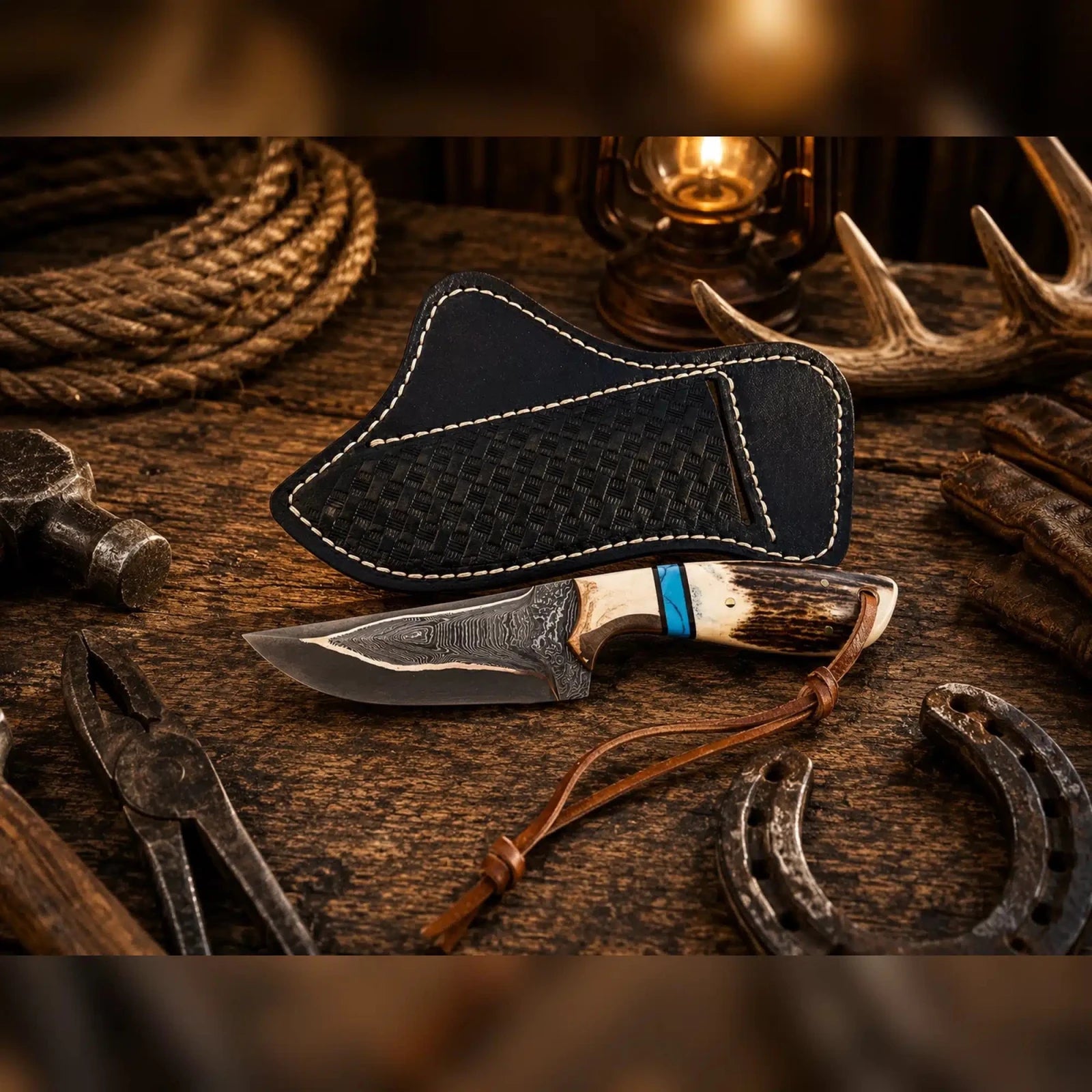 4 inch Copper Damascus hunting knife with cross draw leather sheath