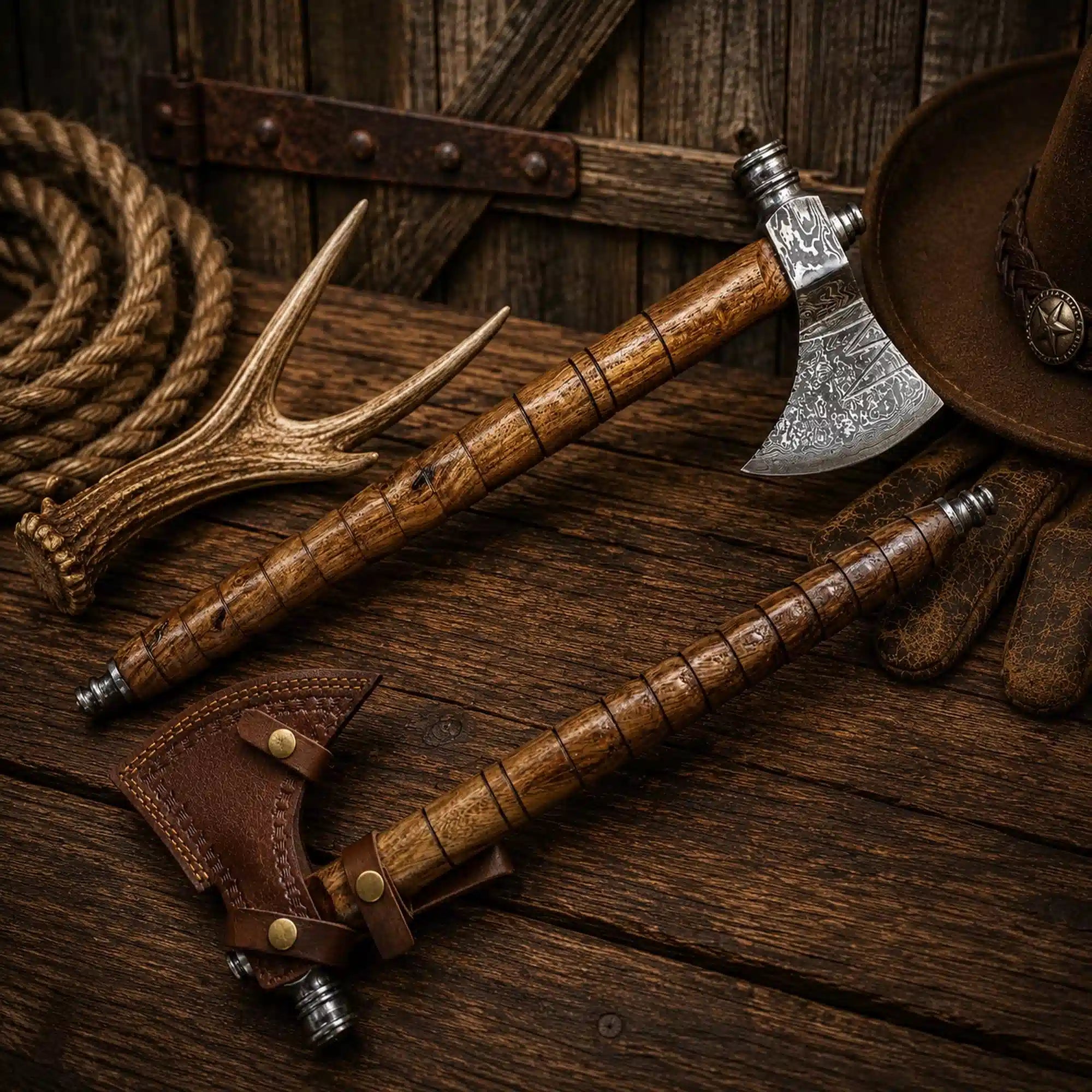 Handmade Western smoking pipe tomahawk with Damascus steel blade axe with leather sheath