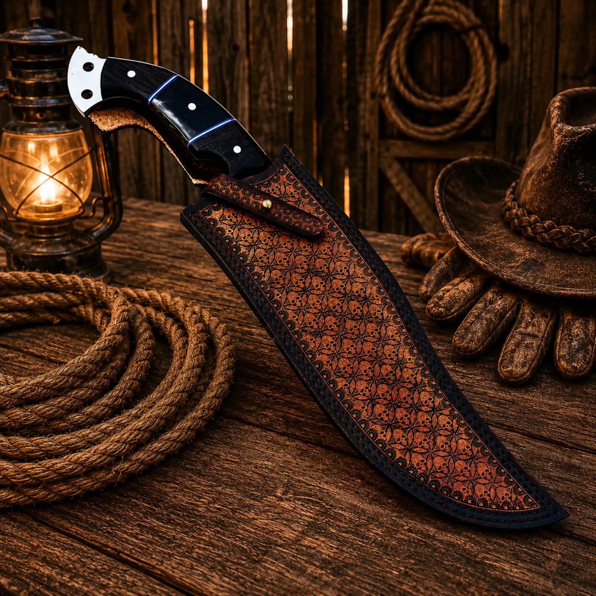 Western cowboy style D2 steel hunting knife for camping and bushcraft use