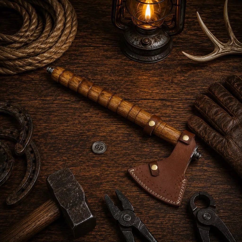 18 inch Damascus tomahawk axe with carved natural rosewood handle