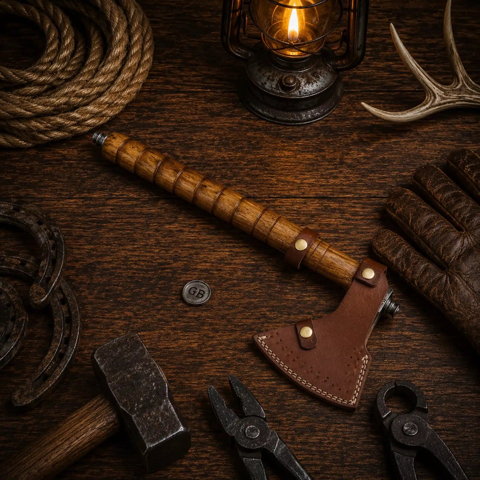 18 inch Damascus tomahawk axe with carved natural rosewood handle