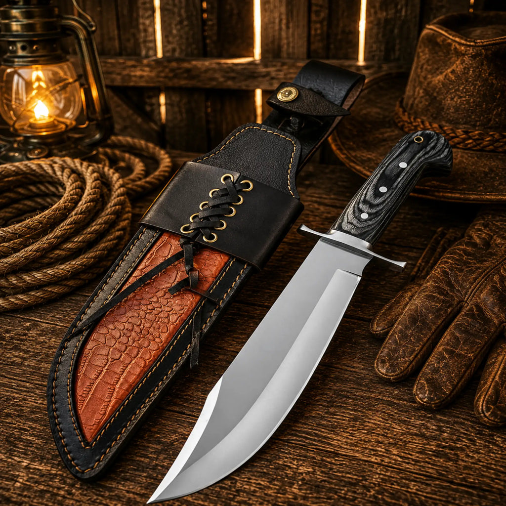 Western style hunting knife with Pakka wood handle and leather sheath on rustic wooden table