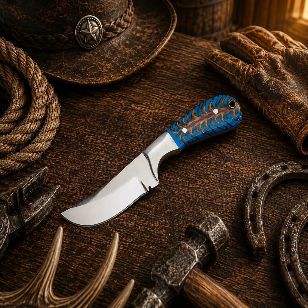 Handmade Western ranch knife with D2 steel blade and turquoise pine cone handle.