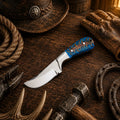 Handmade Western ranch knife with D2 steel blade and turquoise pine cone handle.