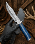 Western Trail Bowie with Damascus blade and blue camel bone handle