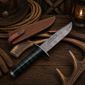 Western Trailmaster Damascus Bowie with green exotic wood handle