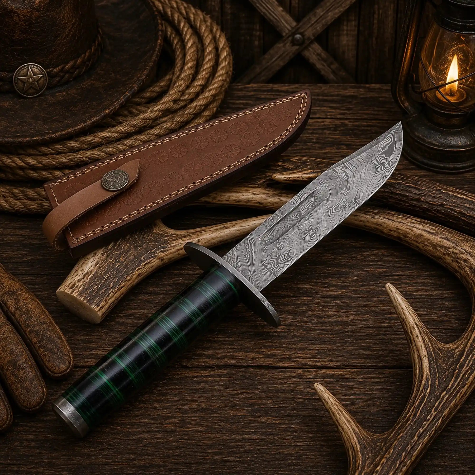Western Trailmaster Damascus Bowie with green exotic wood handle