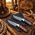 Whiskey Ridge cowboy skinner duo with patterned Damascus steel blades