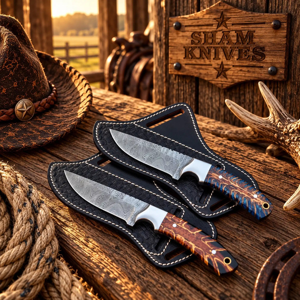 Whiskey Ridge cowboy skinner duo with patterned Damascus steel blades
