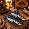 Wild Bill cowboy belt knife set with rasp steel blades and stag horn handles