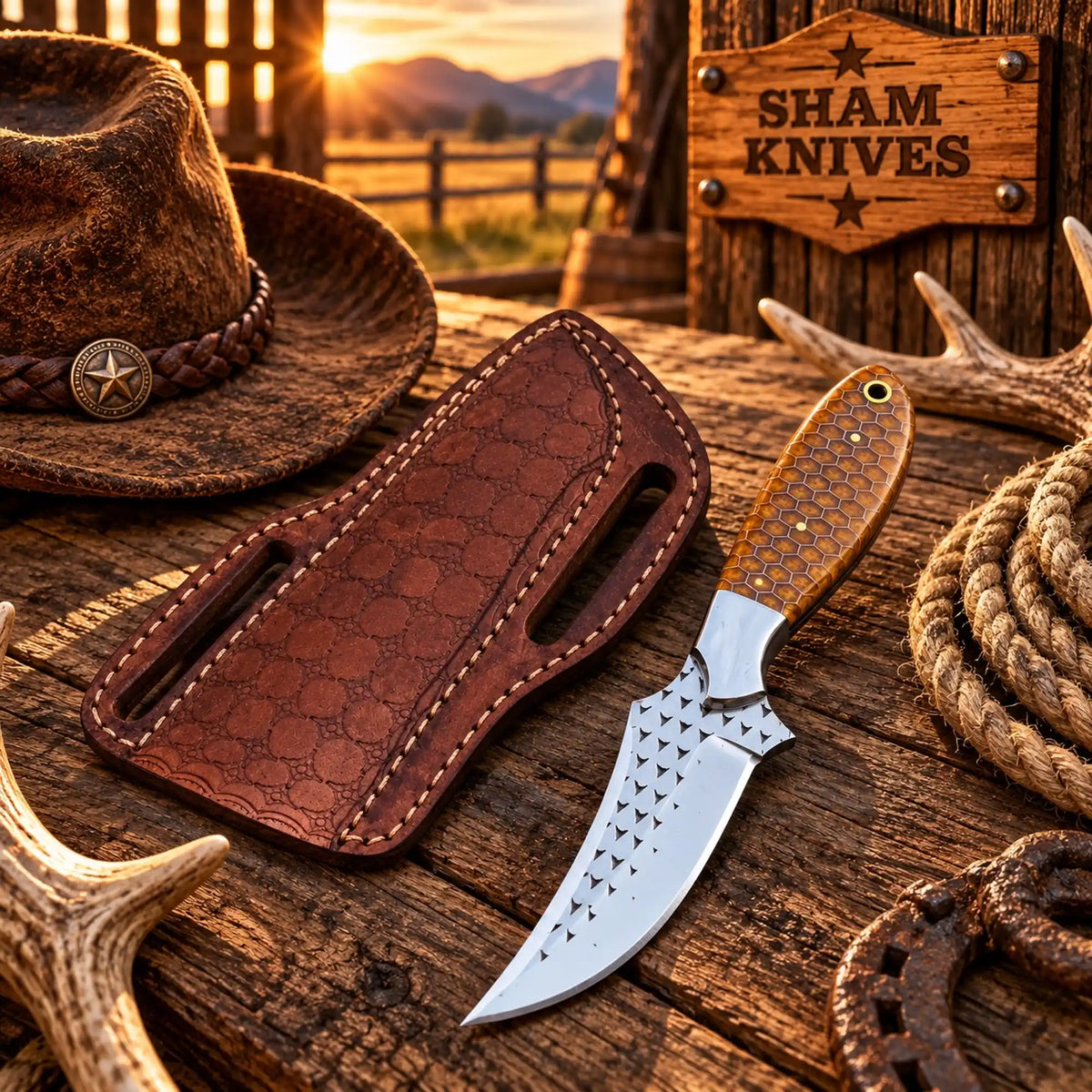 Wild Bill Western belt knife with amber honeycomb handle and leather sheath

